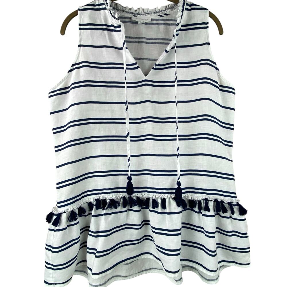 Charter Club 100% Linen Striped Tank Size M White Blue Nautical Beach Resort